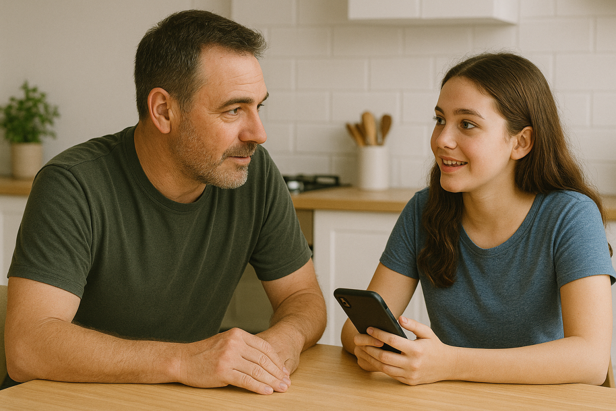 Father and Daughter talking a table