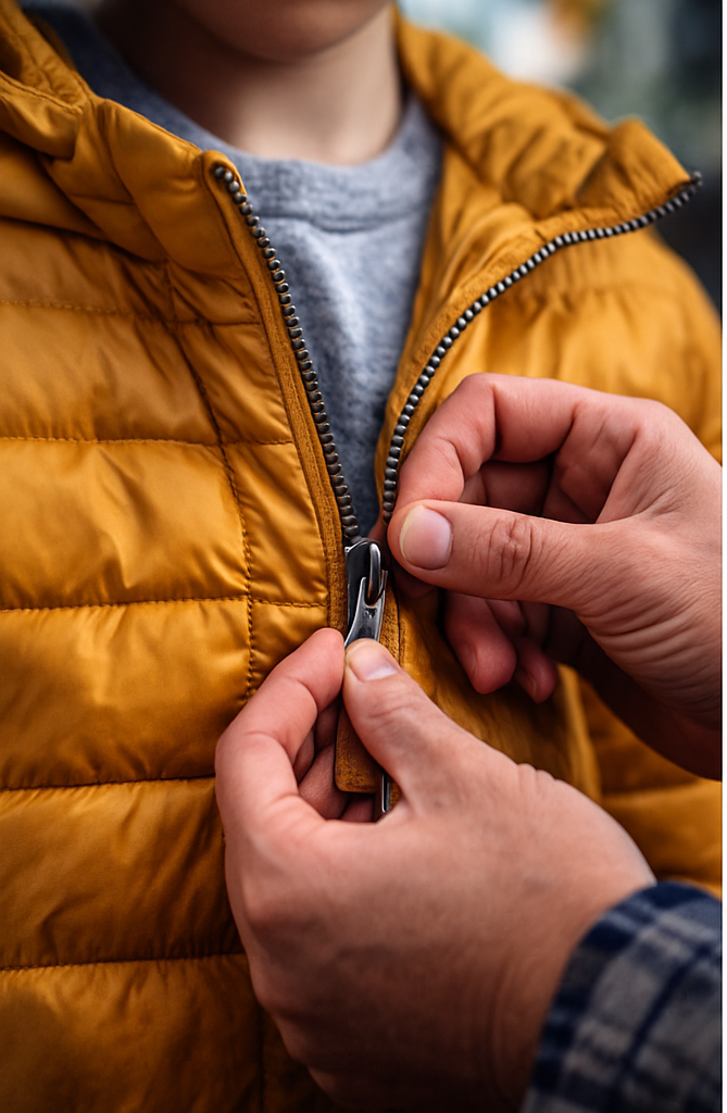 Adult zipping child's coat